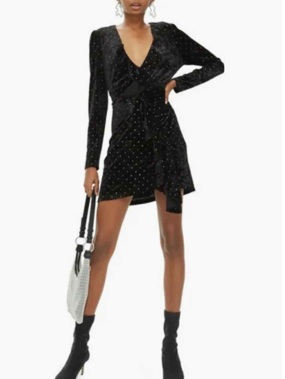 Topshop Black Velvet Backless Long Sleeve Ruffle Rhinestone Y2k Mini Dress 2 XS